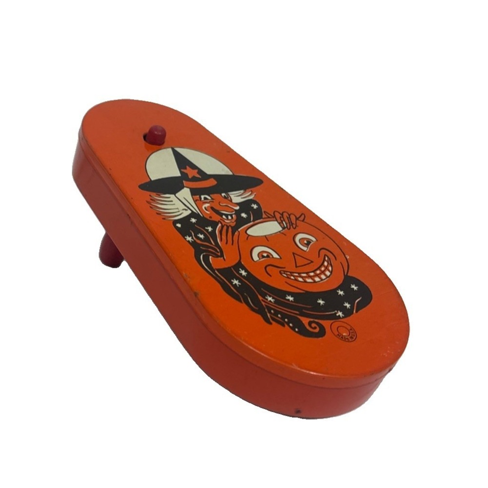 Vintage Halloween Tin Litho Noisemaker Witch Jack-O-Lantern Orange Black